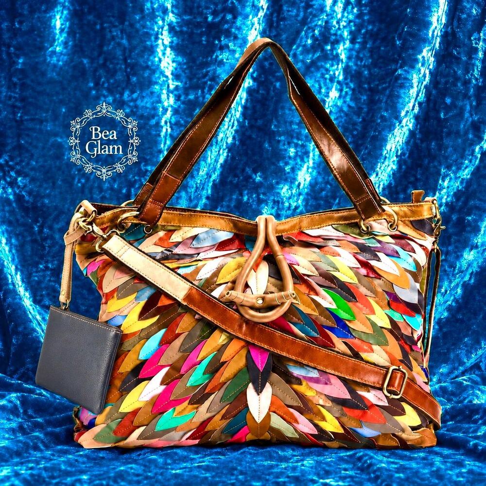 Multicolor Leather Feather Satchel Oversized Tote Shoulder Bag Patchwork